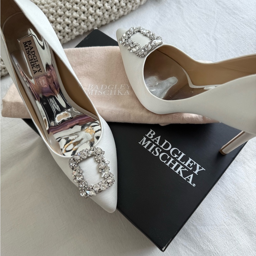 Badgley Mischka White Satin Crystal Buckle Heels / Cher Pumps - Picture 5 of 5
